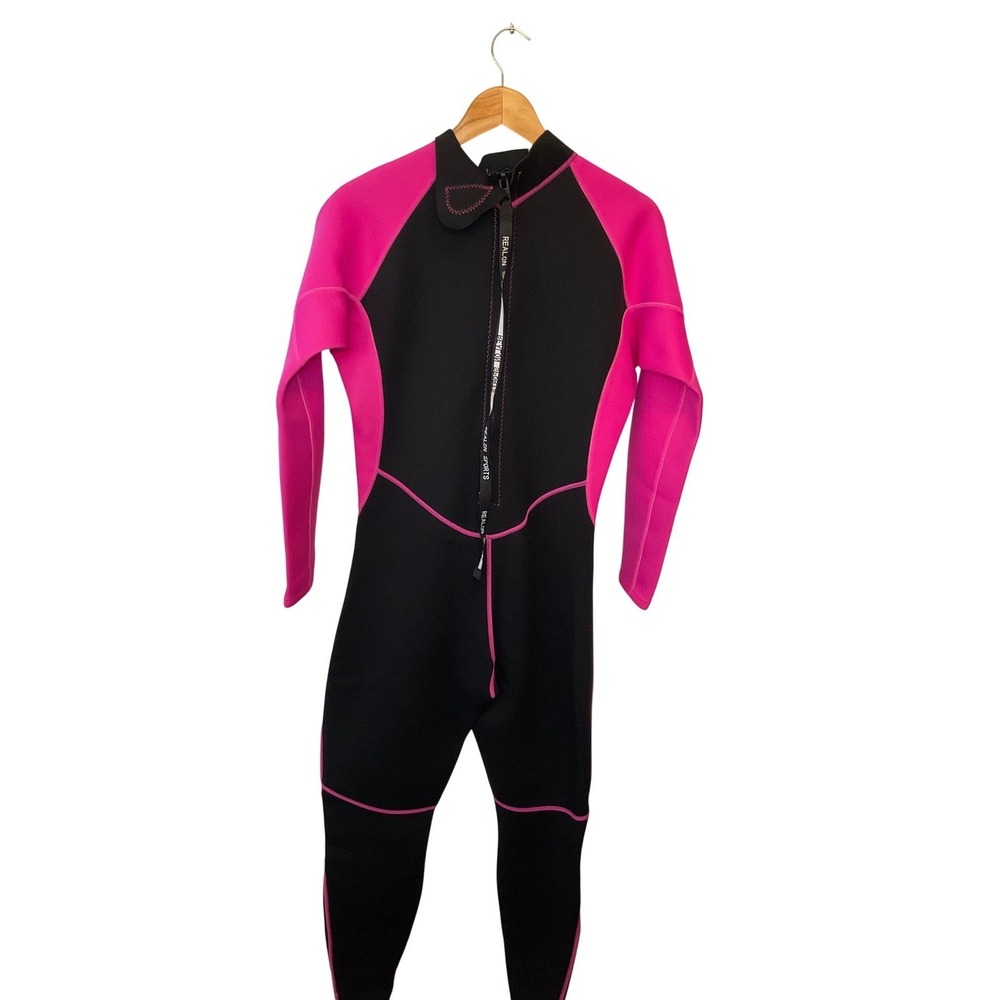 Realon Sports Womens Pink Black Full Body Wetsuit Neoprene Front Zip Size XL